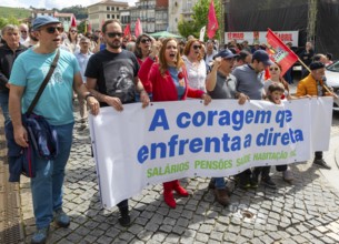 Political rally and march for May Day in city of Guimaraes, Braga district, northern Portugal,