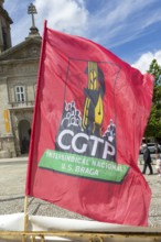 CGTP political red flag banner May Day in city of Guimaraes, Braga district, northern Portugal,