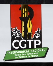CGTP political poster banner May Day in city of Guimaraes, Braga district, northern Portugal,