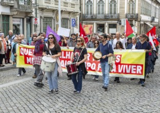 Political rally and march for May Day in city of Guimaraes, Braga district, northern Portugal,