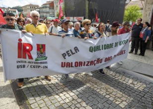 Political rally and march for May Day in city of Guimaraes, Braga district, northern Portugal,