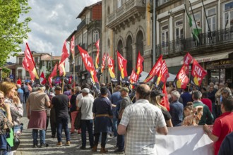 Political rally and march for May Day in city of Guimaraes, Braga district, northern Portugal,