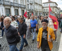 Political rally and march for May Day in city of Guimaraes, Braga district, northern Portugal,