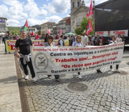 Political rally and march for May Day in city of Guimaraes, Braga district, northern Portugal,