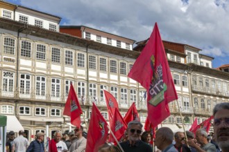 Political rally and march for May Day in city of Guimaraes, Braga district, northern Portugal,