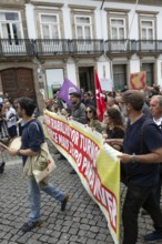 Political rally and march for May Day in city of Guimaraes, Braga district, northern Portugal,