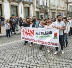 Political rally and march for May Day in city of Guimaraes, Braga district, northern Portugal,