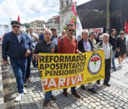 Political rally and march for May Day in city of Guimaraes, Braga district, northern Portugal,