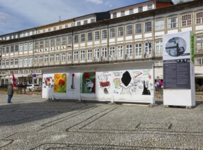 Display of feminist artworks, Largo do Toural, Toural square, city of Guimaraes, northern Portugal