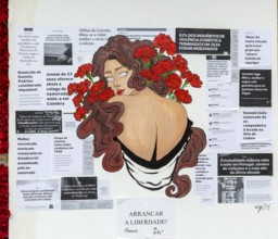 Display of feminist artworks, Largo do Toural, Toural square, city of Guimaraes, northern Portugal