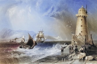 South-Wall lighthouse with Howth Hill in the distance, Dublin Bay, Dublin, Ireland, from the