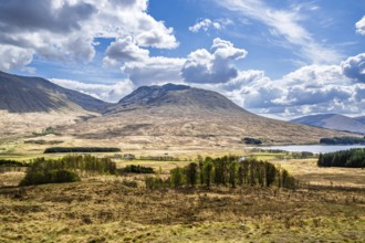 Mountains and Moors over Loch Tulla and River Orchy, Highlands, Scotland, UK