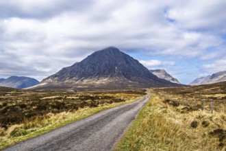 Mountains and Moors over Glen Etive Valley, Glencoe, Highlands, Scotland and Buachaille Etive Mòr,