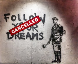Banksy - Follow Your Dreams, exhausted-looking worker, 2010, Chinatown, Boston, USA, exhibition The
