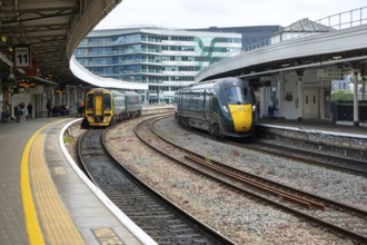 GWR British Rail Class 800 Inter City Express train and Class 158 Sprinter train, Temple Meads