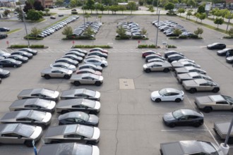 Farmington Hills, Michigan USA - 30 May 2025 - Many dozens of unsold Tesla electric vehicles,