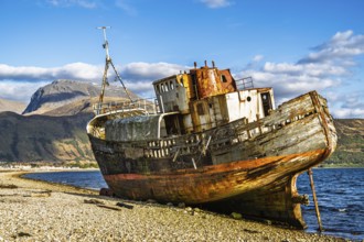Corpach Wreck or Old Boat of Caol and Nevis Range Mountains, Caol Beach, Corpach, Fort William,