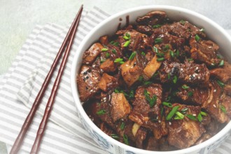 Bulgogi, with mushrooms, with sesame seeds and green onions, Korean cuisine, homemade, no people