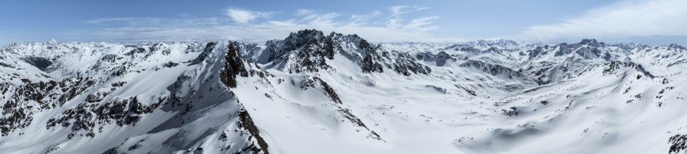 Alpine panorama, aerial view in winter, Albula Alps, Rhaetian Alps, Grisons, Eastern Switzerland,
