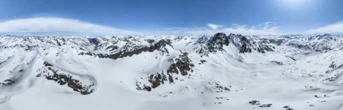 Alpine panorama, aerial view in winter, Albula Alps, Rhaetian Alps, Grisons, Eastern Switzerland,