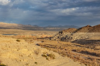 Echo wash drains into the Overton Arm of Lake Mead at Echo Bay, Nevada, USA, North America