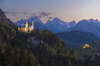 Two castles in an idyllic mountain landscape at sunset, Neuschwanstein, Hohenschwangau, Schwangau