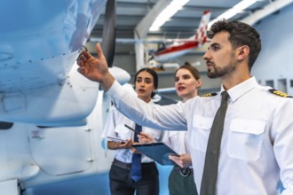 Maintenance team examining aircraft wing in hangar, ensuring flight safety and operational
