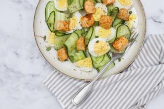 Delicious salmon and egg salad served on a plate with fresh cucumber and herbs for a healthy meal
