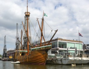The Matthew of Bristol replica ship at quayside of the M Shed museum, Floating Harbour, Bristol,