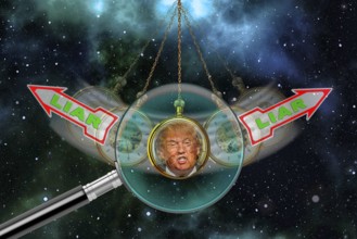 Symbolic image, Trump as a notorious liar in pendulum clock, wrong decisions, genius mania,