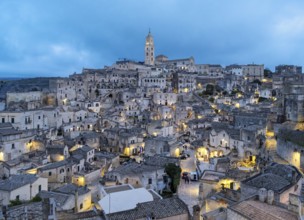 Panoramic View of Sassi di Matera at dusk, Sasso Barisano, Basilicata, Italy, Europe