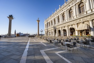 Chairs and tables of cafes at Piazetta San Marco, Colonna di San Marco and Colonna di San Todaro,