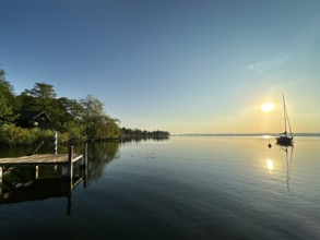 Evening atmosphere, sailing boat on Lake Starnberg, Bavaria, Germany, Europe