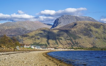 View of Caol Beach and Nevis Range Mountains, Corpach, Fort William, Highland, Scotland, UK