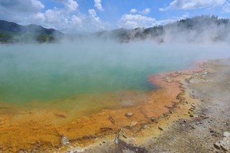 A hot spring with coloured rocks and steaming water, Champagne Pool thermal lake, Wai-O-Tapu