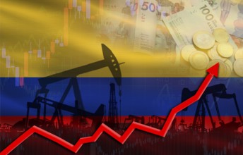 Oil production with Colombia flag, petrol industry. Oil pumps with Colombia flag