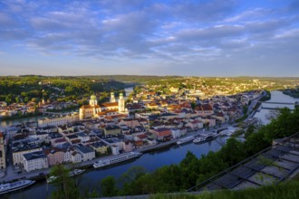 View of the historic city centre at sunrise, from the Veste Oberhaus, Passau, Lower Bavaria,