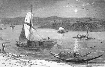Boats on the River Ganges, c. 1870, India, digital reproduction of a historical model, Asia