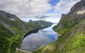 View of Øyfjorden fjord and mountains, fjord landscape with mountain peaks, hike to Barden