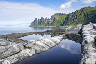 Reflection in a tidal pool, rocky coast of Tungeneset, Devil's Teeth, Okshornan, Ersfjorden, Senja
