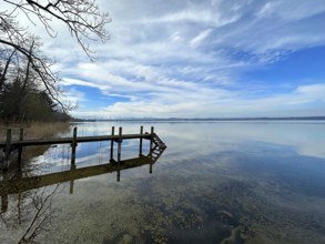 Shore area with wooden jetty on Lake Starnberg, Bavaria, Germany, Europe