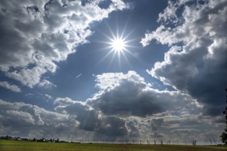 Hop and wheat cultivation, cloudy sky with sun star, Franconia, Bavaria, Germany, Europe