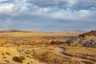 Echo wash drains into the Overton Arm of Lake Mead at Echo Bay, Nevada, USA, North America