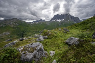 View of mountain landscape, hike to the summit of Barden, behind mountain peak Breidtind, Senja,