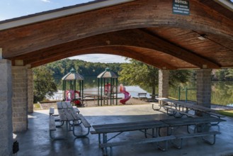 Pavilion, playground and swimming area in the Pin Oak Campground at Natchez Trace State Park near