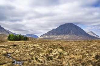 Mountains and Moors over Glen Etive Valley, Glencoe, Highlands, Scotland and Buachaille Etive Mòr,