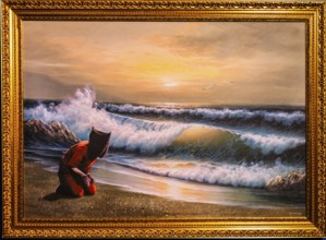 Banksy - Guantanamo Bay, Crude Oils, Haeftling in contrast to the idyllic seascape, 2005,