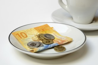 Tip, Swiss coins and Swiss franc note on plate, Switzerland, Europe