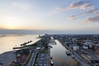 View from above of Seebäderkaje, Weser estuary, harbour basin, New Harbour and Havenwelten, dusk,