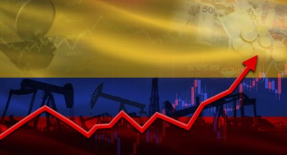 Oil pumps with Colombia flag. Oil production with Colombia flag, petrol industry